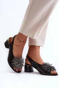 Clearance Laura Messi Skórzane Sandały Z Ozdobą 2719 Czarne Czarny