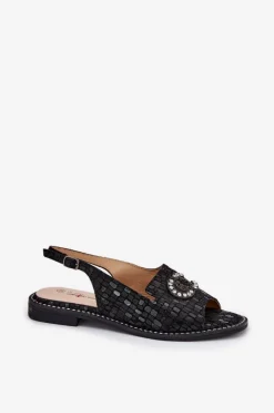 Discount Skórzane Sandały Z Ozdobą Na Płaskim Obcasie S.Barski KV51-096 Czarne Damskie Sandały Płaskie