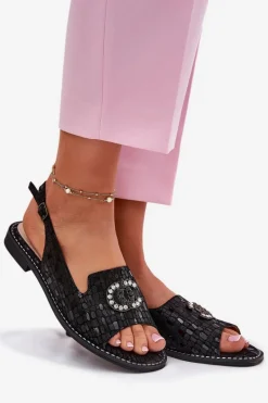 Discount Skórzane Sandały Z Ozdobą Na Płaskim Obcasie S.Barski KV51-096 Czarne Damskie Sandały Płaskie
