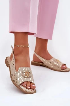 Best Damskie buty S.Barski Skórzane Sandały Z Ozdobą Na Płaskim Obcasie S.Barski KV51-096 Złote Złoty