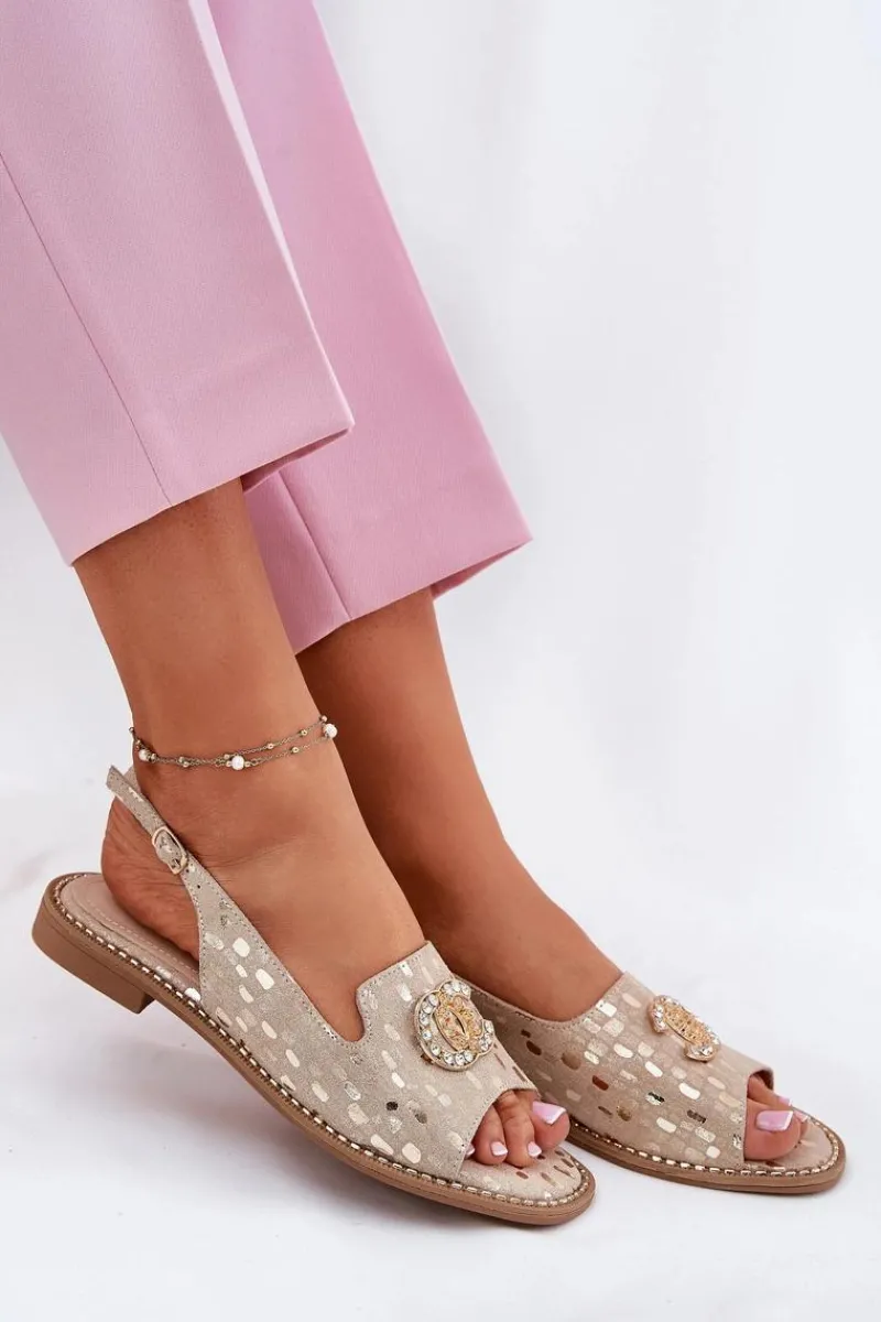 Best Damskie buty S.Barski Skórzane Sandały Z Ozdobą Na Płaskim Obcasie S.Barski KV51-096 Złote Złoty