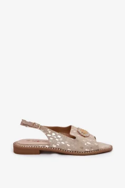 Best Damskie buty S.Barski Skórzane Sandały Z Ozdobą Na Płaskim Obcasie S.Barski KV51-096 Złote Złoty