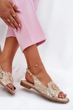 Best Damskie buty S.Barski Skórzane Sandały Z Ozdobą Na Płaskim Obcasie S.Barski KV51-096 Złote Złoty