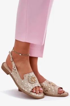 Best Damskie buty S.Barski Skórzane Sandały Z Ozdobą Na Płaskim Obcasie S.Barski KV51-096 Złote Złoty