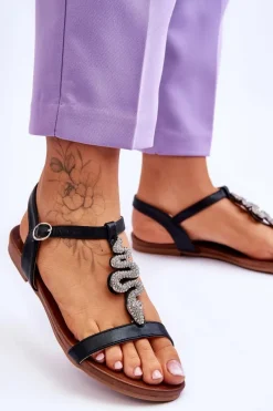 Damskie buty S.Barski Skórzane Sandały Z Ozdobnym Wężem S.Barski KV-5541-42 Czarne Czarny