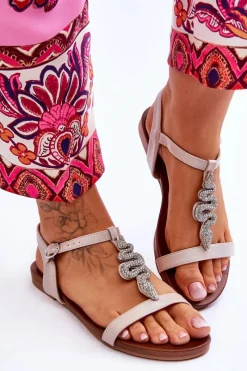 Discount Skórzane Sandały Z Ozdobnym Wężem S.Barski KV-5541-42 Beżowe Damskie Sandały Płaskie