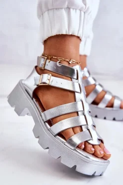 Clearance Boto Skórzane Sandały Z Paseczkami Srebrne Minorite