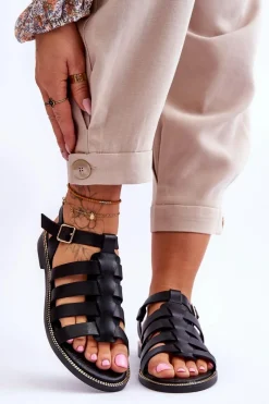 Sale Skórzane Sandały Z Paseczkami Czarne Lemar Lawren Damskie Sandały Płaskie