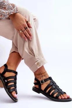 Sale Skórzane Sandały Z Paseczkami Czarne Lemar Lawren Damskie Sandały Płaskie