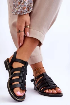 Sale Skórzane Sandały Z Paseczkami Czarne Lemar Lawren Damskie Sandały Płaskie