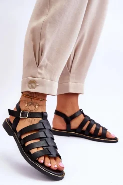 Sale Skórzane Sandały Z Paseczkami Czarne Lemar Lawren Damskie Sandały Płaskie