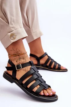 Sale Skórzane Sandały Z Paseczkami Czarne Lemar Lawren Damskie Sandały Płaskie