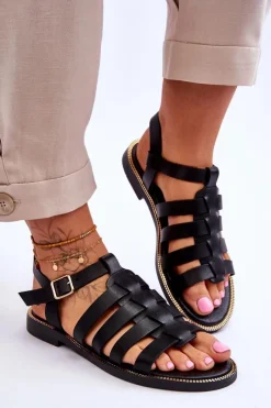 Sale Skórzane Sandały Z Paseczkami Czarne Lemar Lawren Damskie Sandały Płaskie
