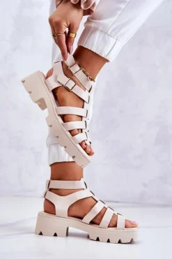 Sandały Na Obcasie>Boto Skórzane Sandały Z Paseczkami Beżowe Minorite