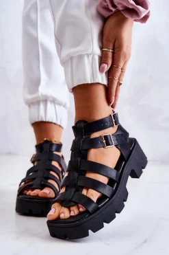 Sandały Na Obcasie>Boto Skórzane Sandały Z Paseczkami Czarne Minorite