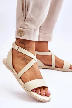 Discount Skórzane Sandały Za Kostkę Big Star LL274A161 Beżowe Damskie Sandały Big Star|Sandały Płaskie