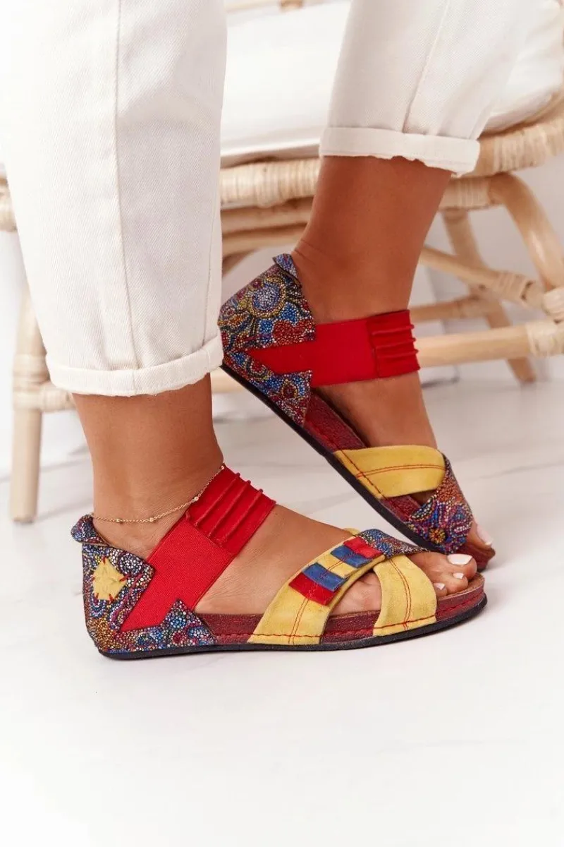 Sandały Płaskie>Maciejka Skórzane Sandały Ze Ściągaczem 03375 Czerwono-Żółte
