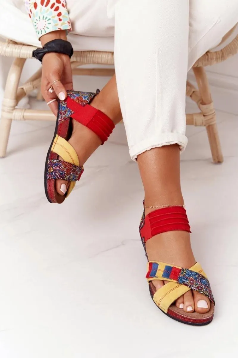 Sandały Płaskie>Maciejka Skórzane Sandały Ze Ściągaczem 03375 Czerwono-Żółte