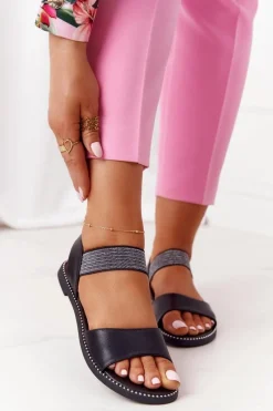 Sandały Płaskie>Damskie buty S.Barski Skórzane Sandały Ze Ściągaczem S.Barski 934-19 Czarne