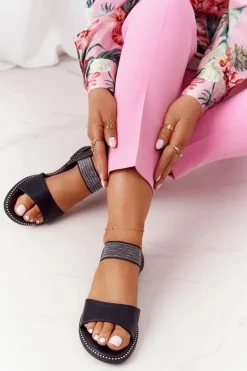 Sandały Płaskie></noscript>Damskie buty S.Barski Skórzane Sandały Ze Ściągaczem S.Barski 934-19 Czarne