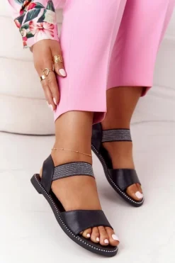 Sandały Płaskie></noscript>Damskie buty S.Barski Skórzane Sandały Ze Ściągaczem S.Barski 934-19 Czarne