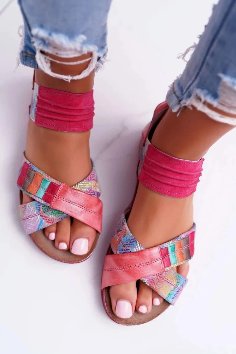 Sandały Płaskie>Maciejka Skórzane Sandały Ze Ściągaczem 03375 Różowe