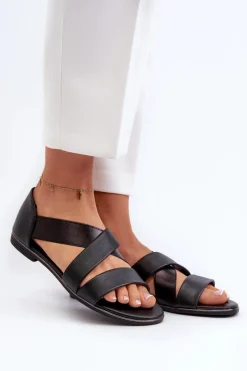 Discount Skórzane Sandały Ze Ściągaczem Czarne Apulia Damskie Sandały Płaskie