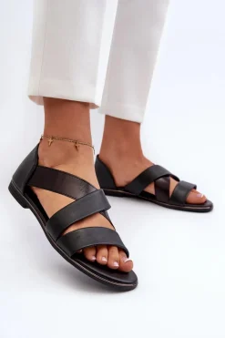 Discount Skórzane Sandały Ze Ściągaczem Czarne Apulia Damskie Sandały Płaskie