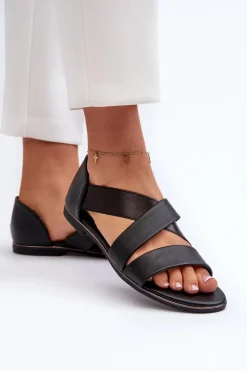Discount Skórzane Sandały Ze Ściągaczem Czarne Apulia Damskie Sandały Płaskie