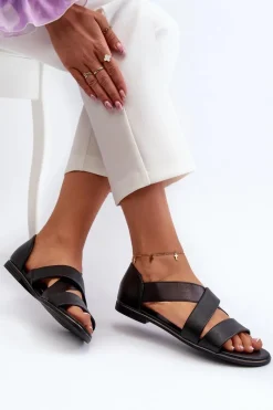 Discount Skórzane Sandały Ze Ściągaczem Czarne Apulia Damskie Sandały Płaskie