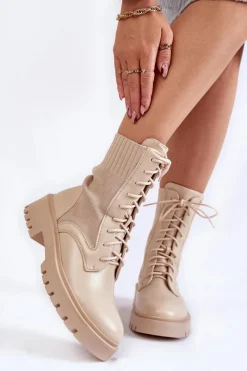 Best Skórzane Skarpetkowe Botki Sznurowane Jasnobeżowe Riston Damskie Botki Wiosenne|Damskie Trapery