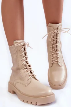 Best Skórzane Skarpetkowe Botki Sznurowane Jasnobeżowe Riston Damskie Botki Wiosenne|Damskie Trapery