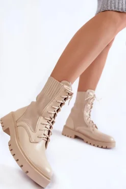 Best Skórzane Skarpetkowe Botki Sznurowane Jasnobeżowe Riston Damskie Botki Wiosenne|Damskie Trapery