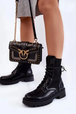 Sale Boto Skórzane Skarpetkowe Botki Sznurowane Czarne Riston