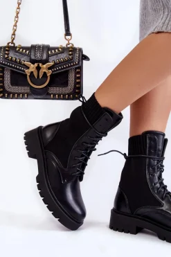 Sale Boto Skórzane Skarpetkowe Botki Sznurowane Czarne Riston