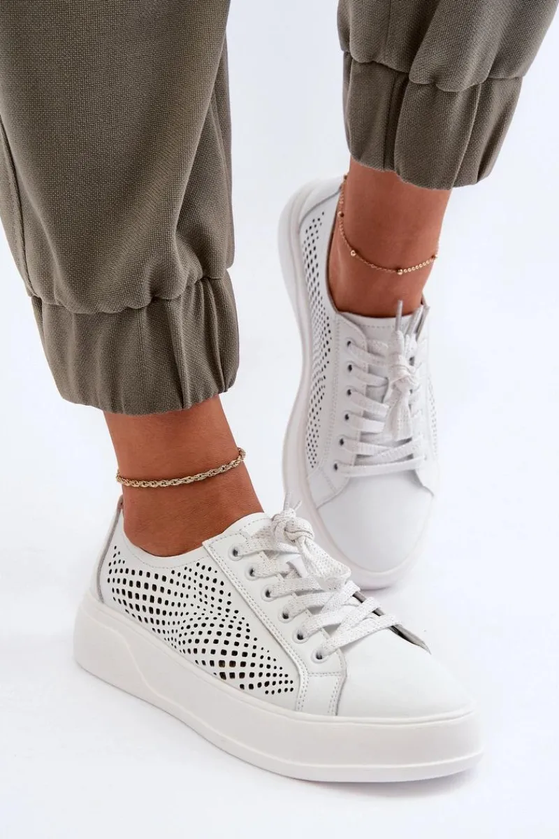 Hot Damskie buty S.Barski Skórzane Sneakersy Damskie Na Platformie Białe S.Barski LR505