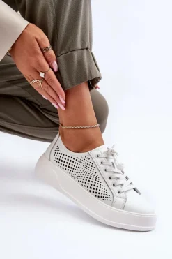 Hot Damskie buty S.Barski Skórzane Sneakersy Damskie Na Platformie Białe S.Barski LR505