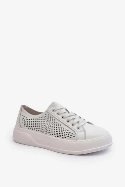 Hot Damskie buty S.Barski Skórzane Sneakersy Damskie Na Platformie Białe S.Barski LR505