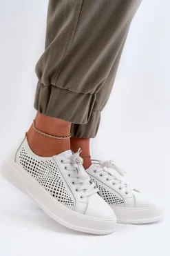 Hot Damskie buty S.Barski Skórzane Sneakersy Damskie Na Platformie Białe S.Barski LR505