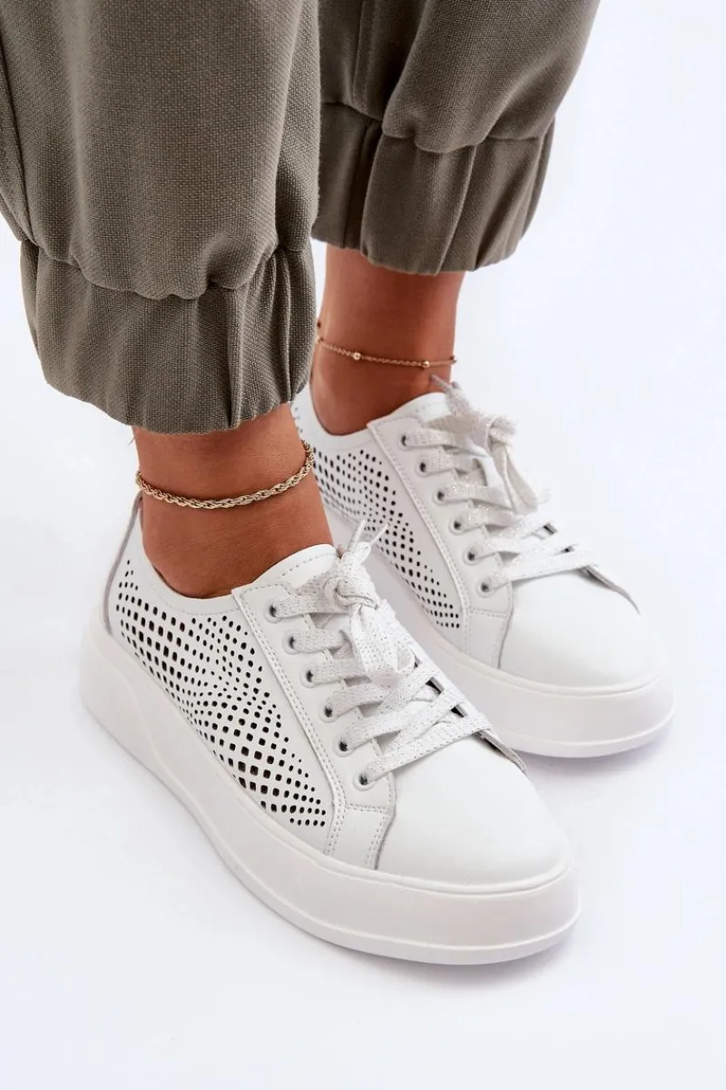 Hot Damskie buty S.Barski Skórzane Sneakersy Damskie Na Platformie Białe S.Barski LR505