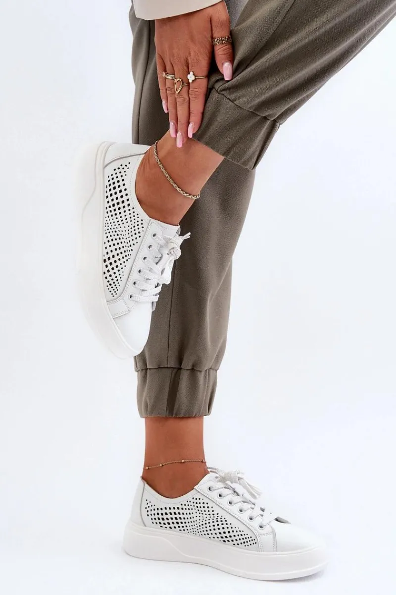 Hot Damskie buty S.Barski Skórzane Sneakersy Damskie Na Platformie Białe S.Barski LR505