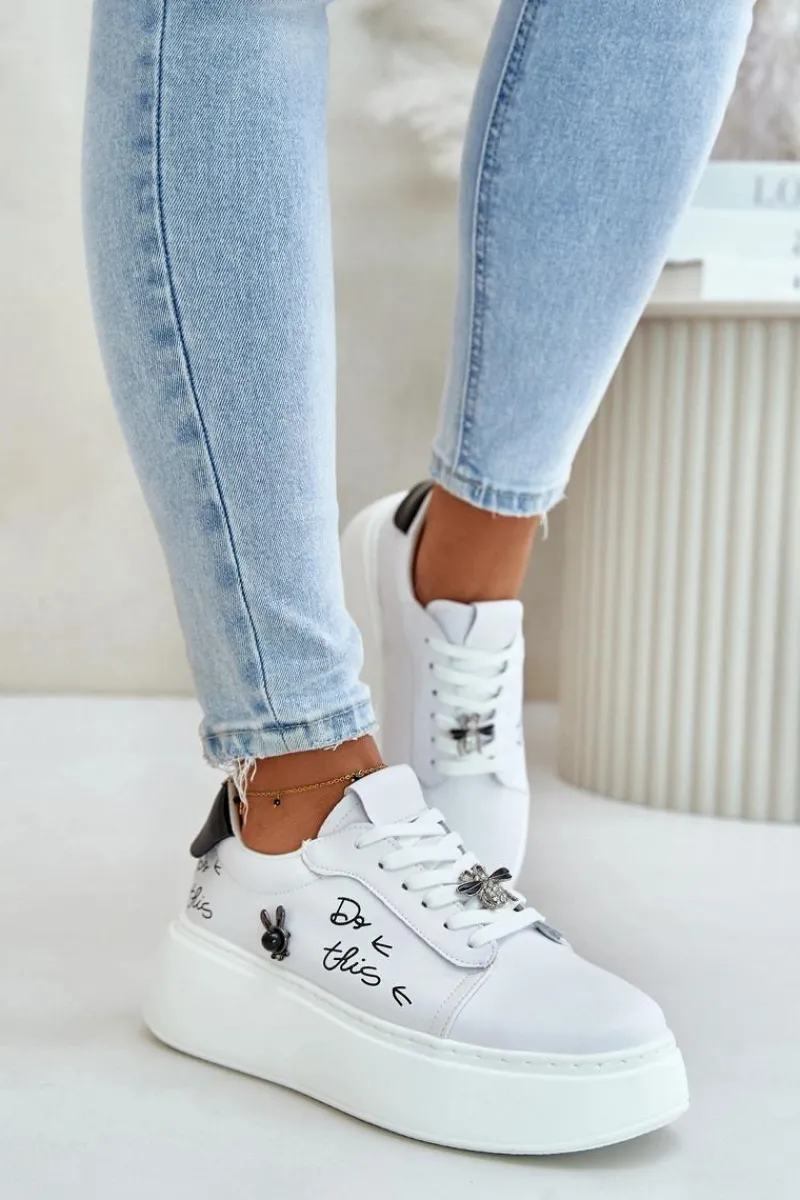 Best Buty damskie Vinceza Skórzane Sneakersy Damskie Na Platformie Z Przypinkami I Napisem Vinceza 89102 Białe Biały