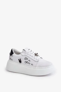 Best Buty damskie Vinceza Skórzane Sneakersy Damskie Na Platformie Z Przypinkami I Napisem Vinceza 89102 Białe Biały