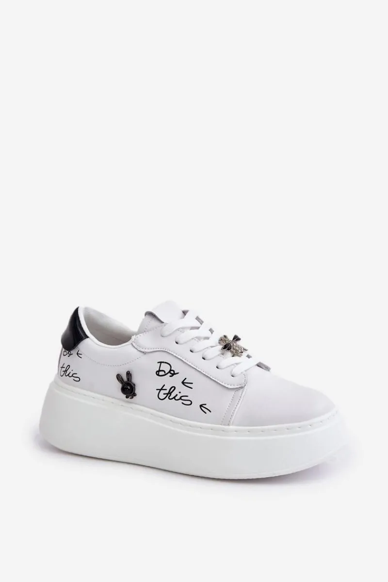 Best Buty damskie Vinceza Skórzane Sneakersy Damskie Na Platformie Z Przypinkami I Napisem Vinceza 89102 Białe Biały