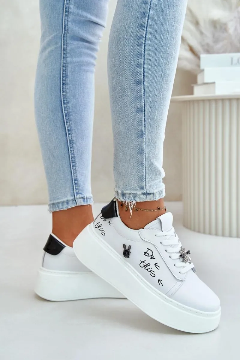 Best Buty damskie Vinceza Skórzane Sneakersy Damskie Na Platformie Z Przypinkami I Napisem Vinceza 89102 Białe Biały