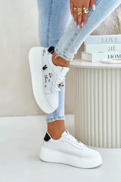 Best Buty damskie Vinceza Skórzane Sneakersy Damskie Na Platformie Z Przypinkami I Napisem Vinceza 89102 Białe Biały