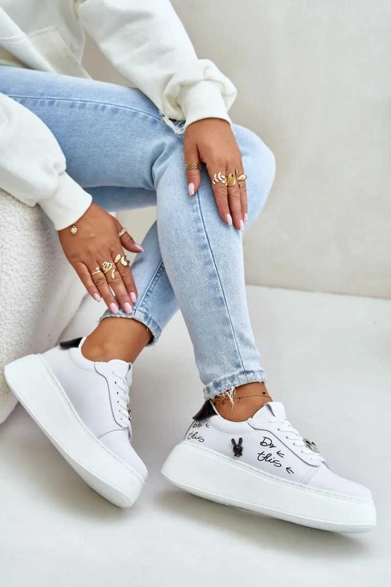 Best Buty damskie Vinceza Skórzane Sneakersy Damskie Na Platformie Z Przypinkami I Napisem Vinceza 89102 Białe Biały
