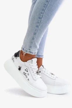 Best Buty damskie Vinceza Skórzane Sneakersy Damskie Na Platformie Z Przypinkami I Napisem Vinceza 89102 Białe Biały