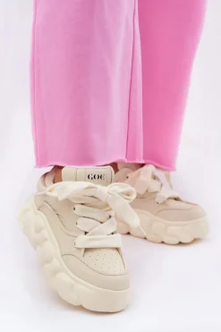 Clearance Skórzane Sneakersy Damskie Na Masywnej Platformie RR2N4043 Beżowe Damskie Sneakersy Damskie