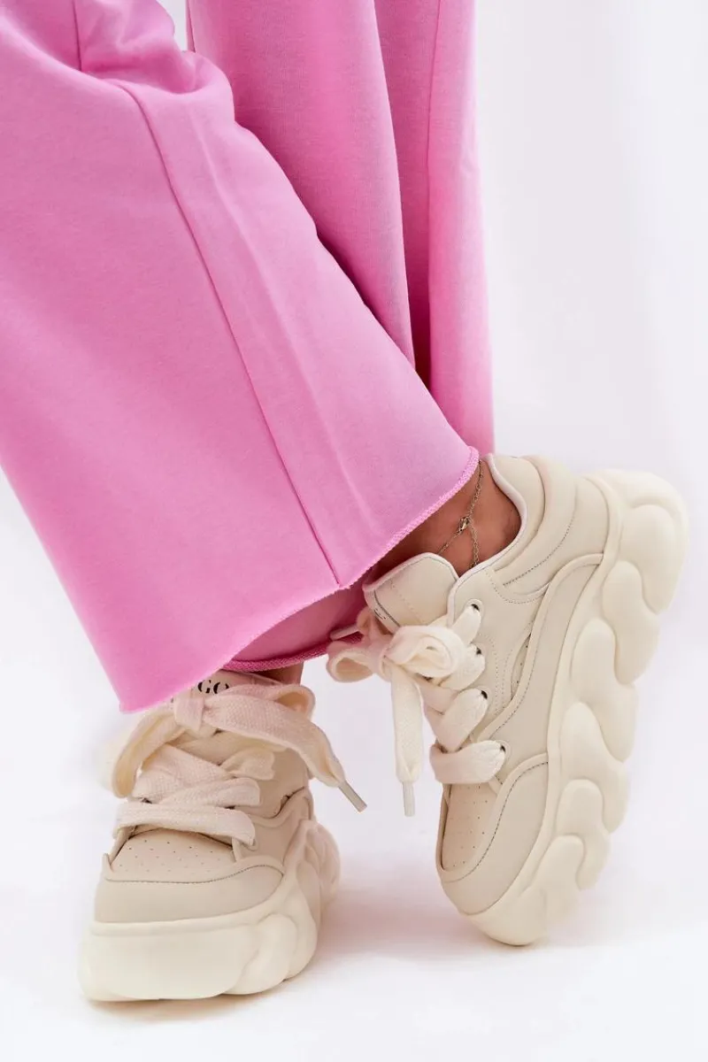 Clearance Skórzane Sneakersy Damskie Na Masywnej Platformie RR2N4043 Beżowe Damskie Sneakersy Damskie